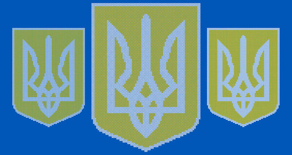 Vector illustration of the Ukrainian trident (Tryzub) made in cross stitch style. Pixel embroidery pattern with yellow and blue stitches on a grid background. Traditional Ukrainian folk ornament inspiyellow by embroidery schemes.