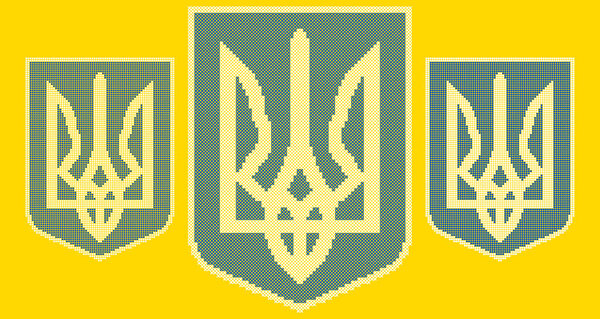 Vector illustration of the Ukrainian trident (Tryzub) made in cross stitch style. Pixel embroidery pattern with yellow and blue stitches on a grid background. Traditional Ukrainian folk ornament inspiyellow by embroidery schemes.