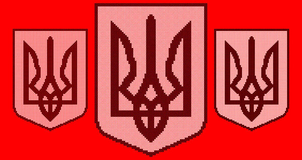 Vector illustration of the Ukrainian trident (Tryzub) made in cross stitch style. Pixel embroidery pattern with red and black stitches on a grid background. Traditional Ukrainian folk ornament inspired by embroidery schemes