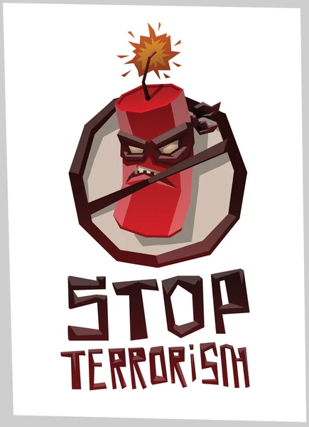 Stop terrorisme, ronde embleem met bom in masker — Stockvector