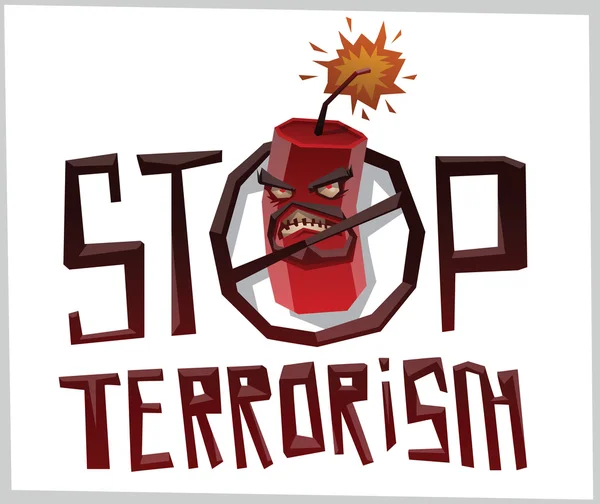 Stop terrorisme, grote ronde embleem met boze bom — Stockvector