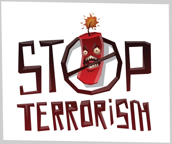 Stop terrorisme, grote ronde embleem met schreeuwende bom — Stockvector