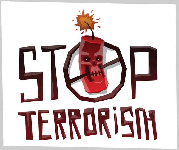 Stop terrorisme, grote ronde embleem met schedel bom — Stockvector