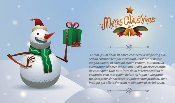 Kerstkaart sneeuwpop met cadeau — Stockvector