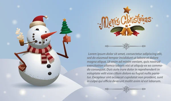 Kerstkaart sneeuwpop met boom — Stockvector