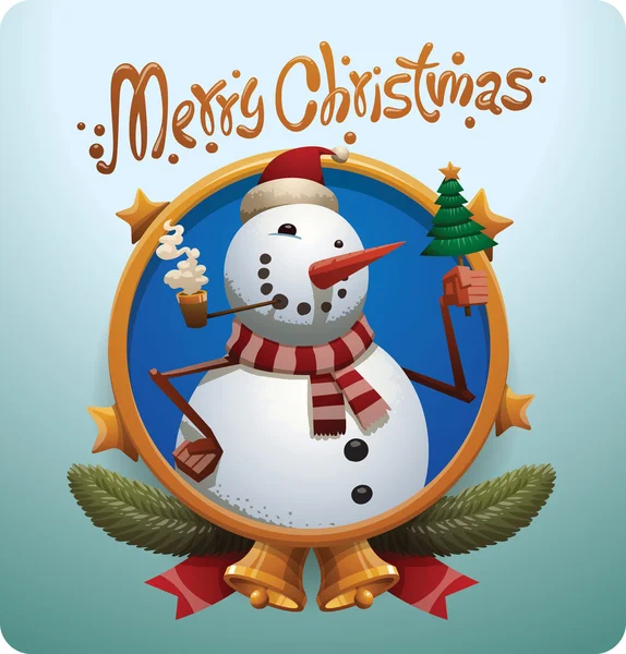 Étiquette ronde d'or de Noël, bonhomme de neige avec arbre — Image vectorielle