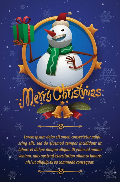 Carte de Noël bleu foncé bonhomme de neige avec cadeau — Image vectorielle