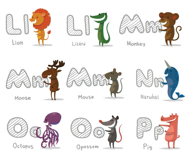 Alfabeto Animales, letras L-P — Vector de stock