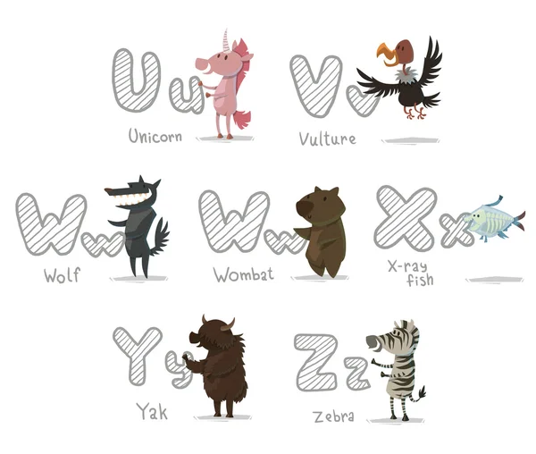 Alphabet Tiere, Buchstaben u-z — Stockvektor