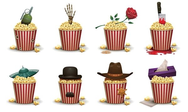 Conjunto de cestas de palomitas de maíz con diferentes elementos películas — Vector de stock