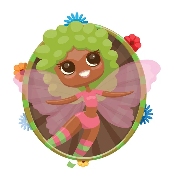 Floral round frame, Cute fairy with green hair — Stock Vector
