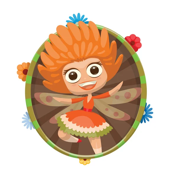 Floral round frame, Cute fairy with orange hair — Stock Vector