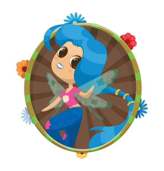 Цветочная рамка, милая фея с голубыми волосами — стоковый вектор
