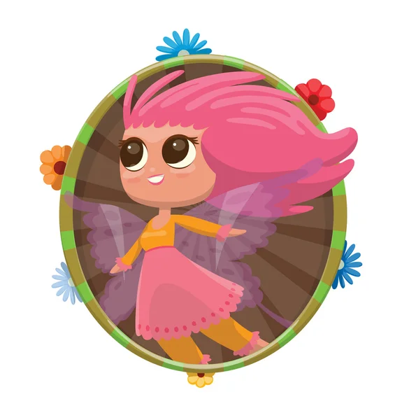 Квіткова кругла рамка, мила фея з рожевим волоссям — стоковий вектор