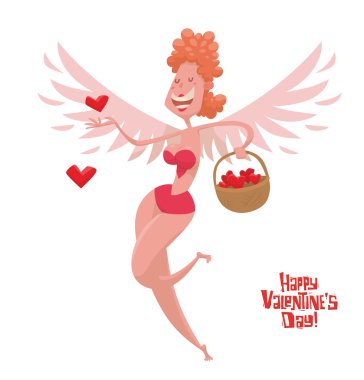 Kırmızı kalp sembolleri sepeti ile Pretty kadın cupid