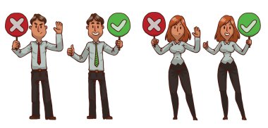 İki tip yuvarlak tabela tutan iş adamları kümesi