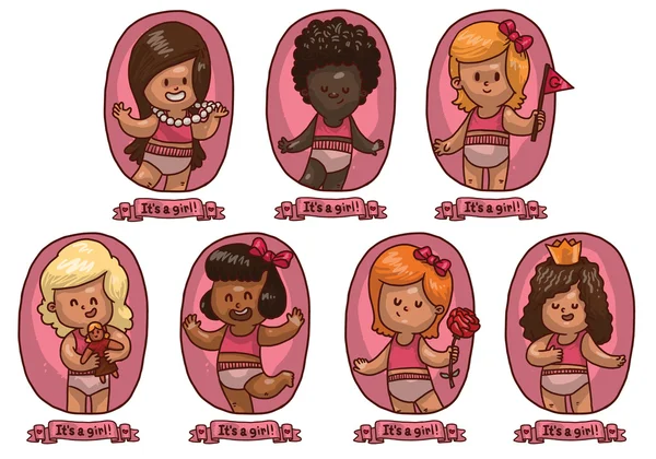 Set van roze ovale frames met schattige kleine meisjes — Stockvector