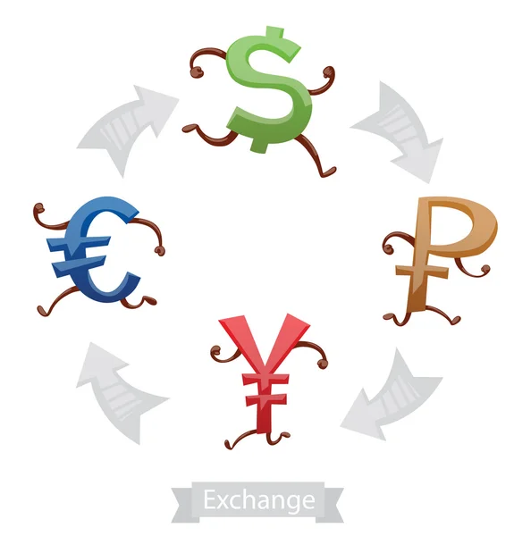 Finanzas Iconos, símbolos de moneda corriendo, euro, dólar, rublo, ye — Vector de stock