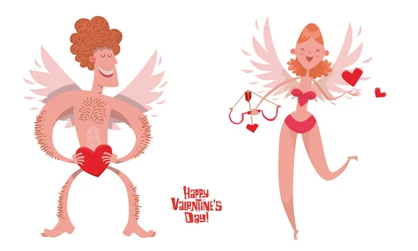 Cupidos masculinos y femeninos con símbolo rojo del corazón, arco — Archivo Imágenes Vectoriales