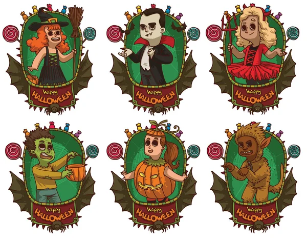 Set aus grünen Rahmen mit Kindern in verschiedenen Halloween-Kostümen — Stockvektor