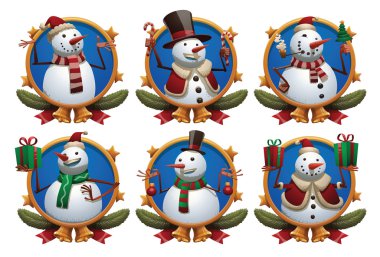Set of round frames with cute white snowmen