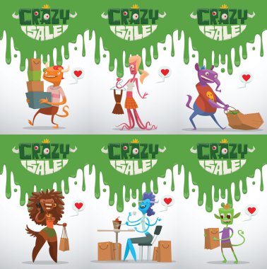 Komik canavarlar ile reklam el ilanları seti