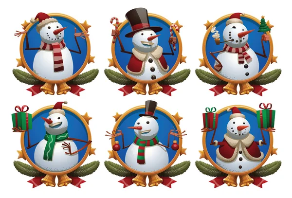 Set of round frames with cute white snowmen — Διανυσματικό Αρχείο