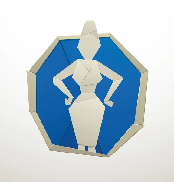 Cornice rotonda blu con donna d'affari di carta in piedi — Vettoriale Stock