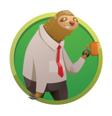 Yuvarlak yeşil çerçeve, turuncu kupa ile sevimli tembel