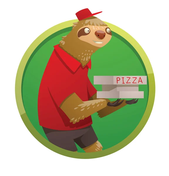 Kerek zöld keret, aranyos lajhár a dobozok pizza — Stock Vector