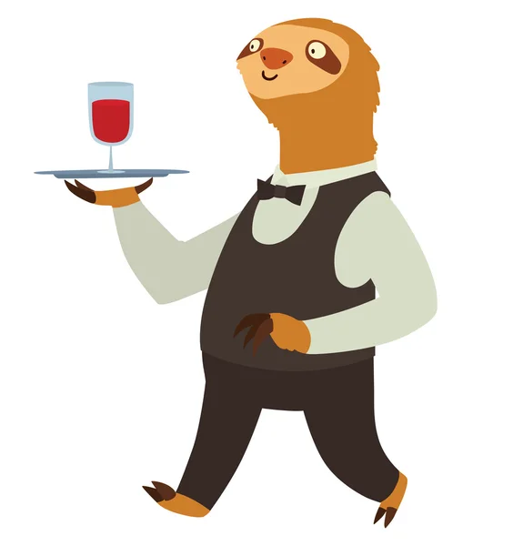 Flat cute light brown sloth with glass of red wine — Stock Vector