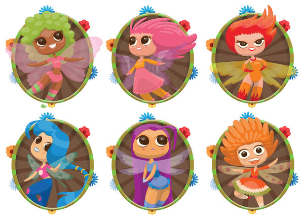 Set of round green-brown frames with cute fairies
