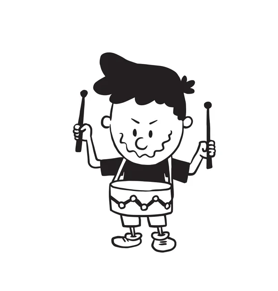 Lindo niño con el tambor y los muslos, estilo monocromo — Vector de stock