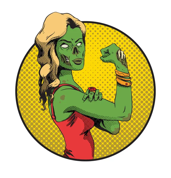 Halloween runde gelbe rahmen, grüne zombie-junges mädchen — Stockvektor