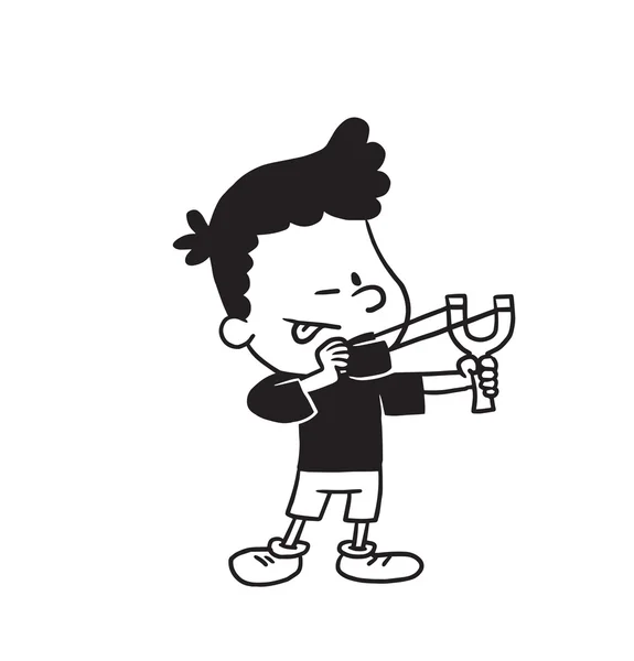 可爱的小男孩与弹弓，单色风格 — 图库矢量图片
