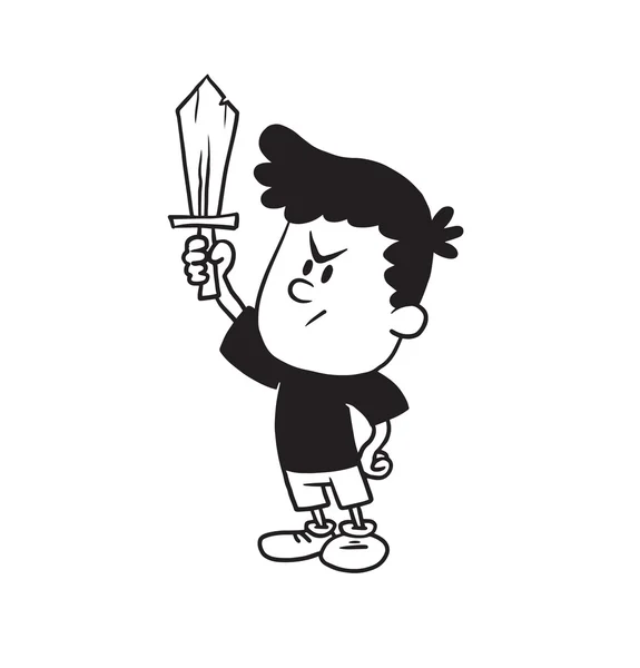 Lindo niño con espada de madera, estilo monocromo — Vector de stock