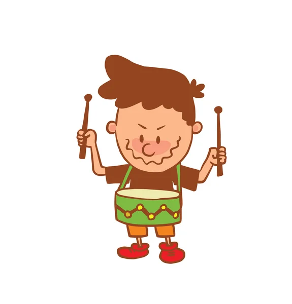 Lindo niño con tambor y palillos de tambor, imagen en color — Vector de stock