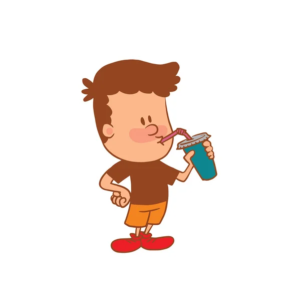 Cute little boy drinking from cup with straw, color image — Stock Vector