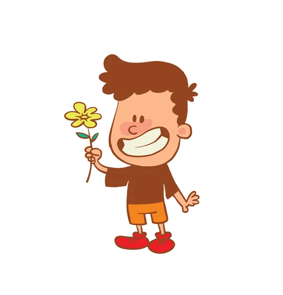 Menino bonito com flor na mão, imagem de cor —  Vetores de Stock
