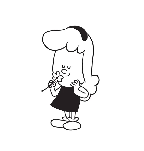 Söt liten flicka luktar en blomma, svartvit stil — Stock vektor