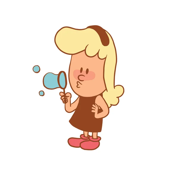 Милая маленькая девочка, пускающая мыльные пузыри, цветное изображение — стоковый вектор