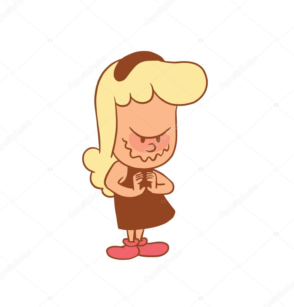 Cute little evil girl is rubbing her hands, color image Stock Vector