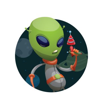 Yuvarlak çerçeve, elinde lazer silahı ile komik yeşil yabancı