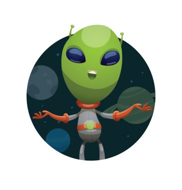 Yuvarlak çerçeve, komik yeşil yabancı gülümseyen ve yükselen