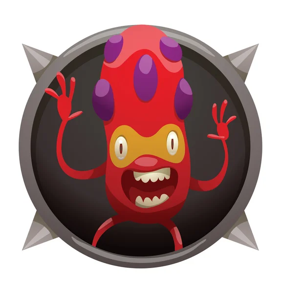 Cadre, drôle monstre rouge avec des verrues violettes — Image vectorielle