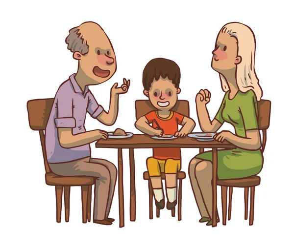 Cena familiar: abuelo, madre e hijo comen comida — Vector de stock