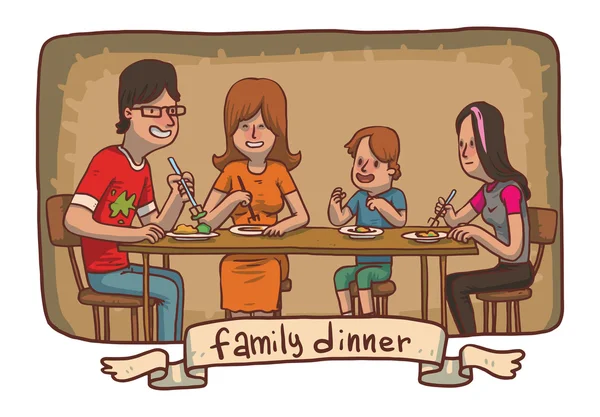Marco de la cena familiar: padre, madre, hija, hijo comer alimentos — Vector de stock