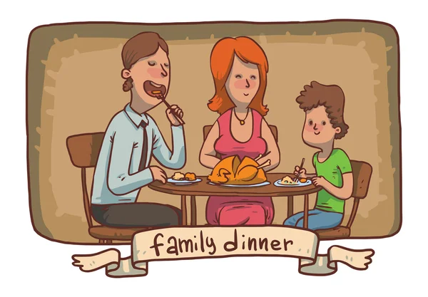 Сімейна вечеря: батько, мати, син їдять смажену курку — стоковий вектор