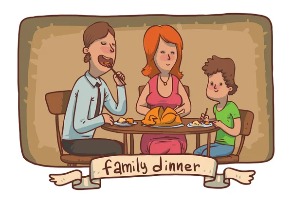 Frame family dinner: father, mother, son eat fried chicken — Stock Vector