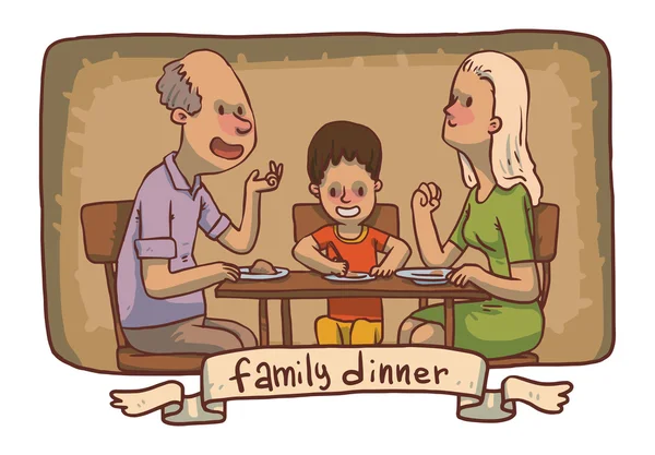 Cadre familial dîner : grand-père, mère et fils manger de la nourriture — Image vectorielle